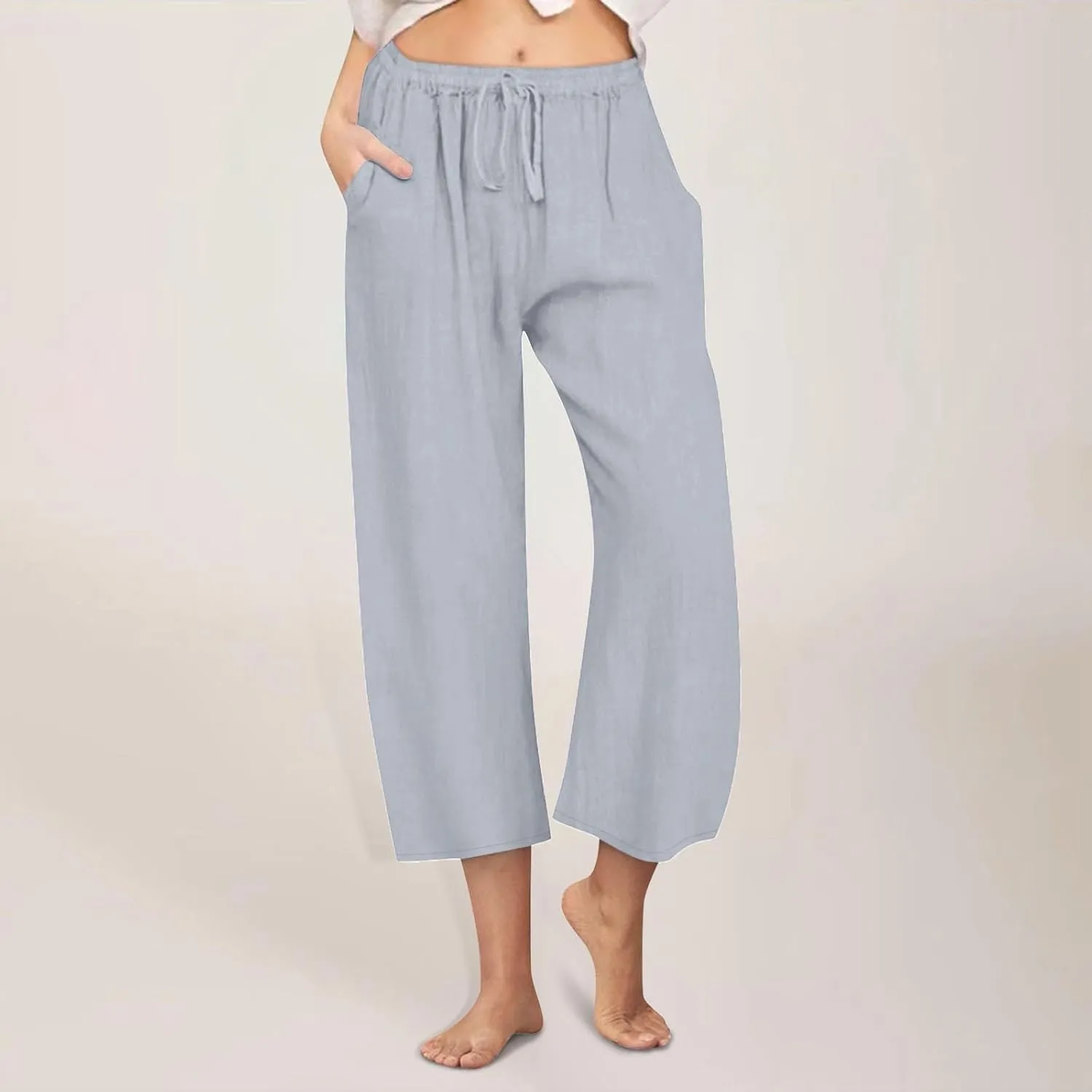Cropped Linen Pants Women Casual High Waisted Wide Leg Lounge Pant 2025 Loose Lightweight Cotton Capris with Pockets