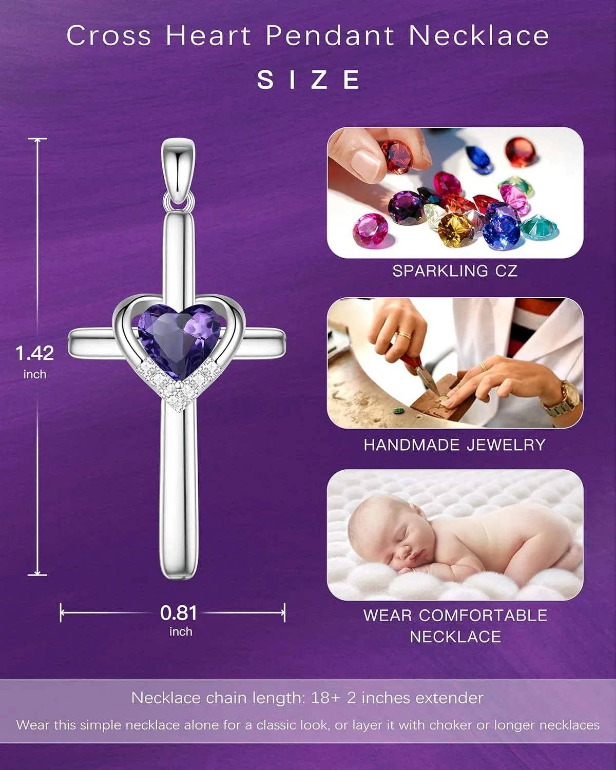 Cross Necklace with Genuine Heart Birthstone for Women, Love and Faith, Birthday Gifts for Her