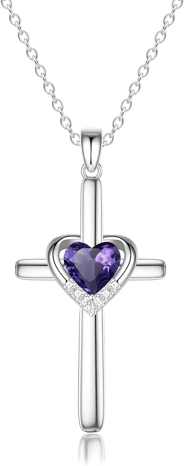 Cross Necklace with Genuine Heart Birthstone for Women, Love and Faith, Birthday Gifts for Her