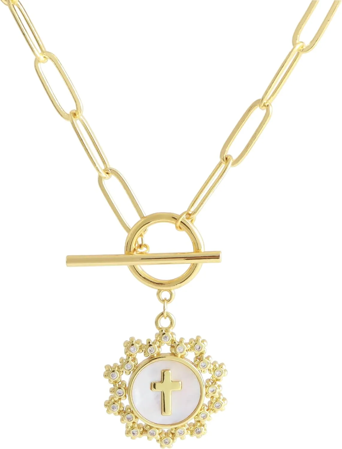 Cross Necklaces for Women 14k Gold Plated Paperclip Chain Charm Toggle Clasp Medallion Coin Cubic Zirconia Cross Pendant Fritillaria Moon Pearl Crucifix Cross Necklaces Gift Trendy Jewelry
