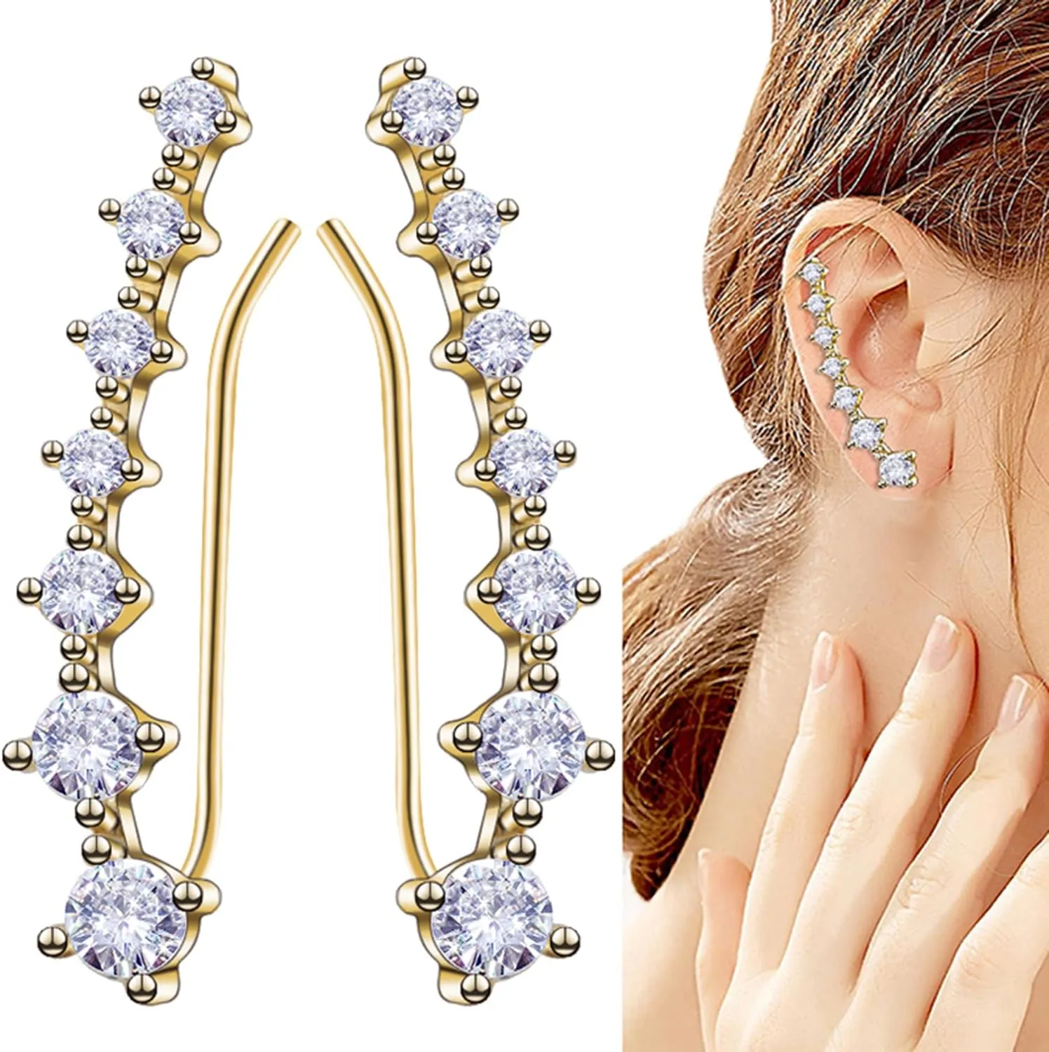 CROWN GUIDE Earrings for Women Trendy Rhinestone Ear Cuff Wraps Crawler Earring Non Pierced 925 Sterling Silver Clip On Earcuff Hypoallergenic Diamond Climbing Earrings Jewelry Gifts