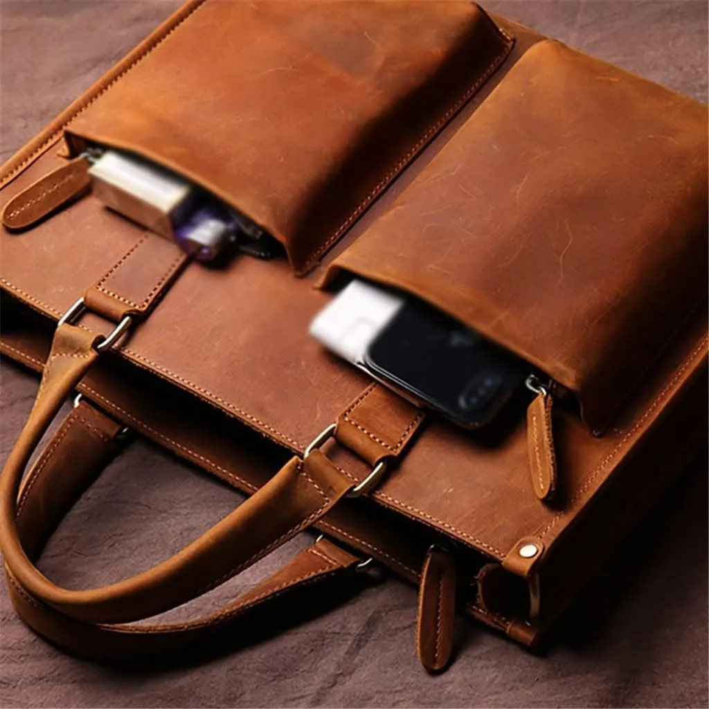 CSCDD Handbag Briefcase Men Shoulder Genuine Leather Bags Brown 14 Inch Laptop Bag