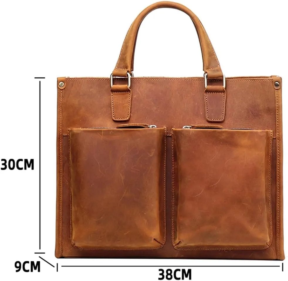 CSCDD Handbag Briefcase Men Shoulder Genuine Leather Bags Brown 14 Inch Laptop Bag