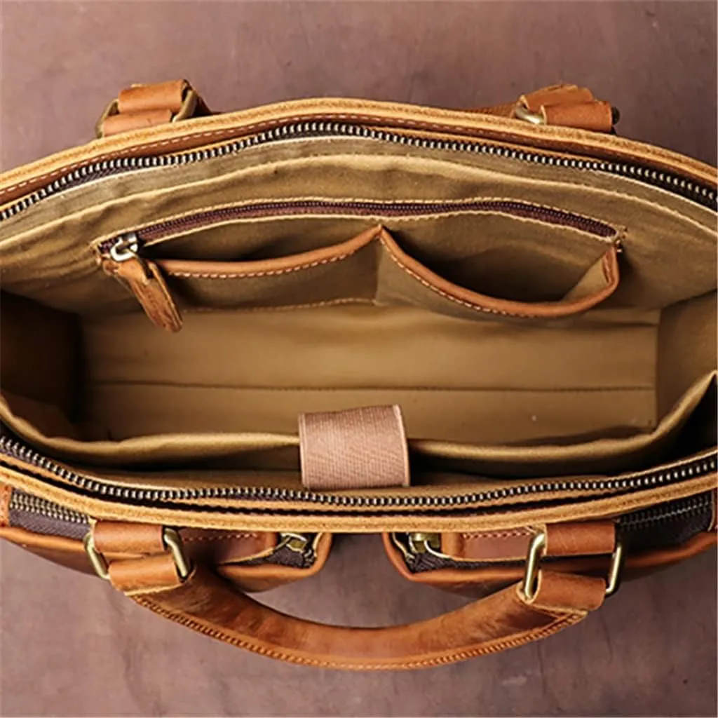 CSCDD Handbag Briefcase Men Shoulder Genuine Leather Bags Brown 14 Inch Laptop Bag