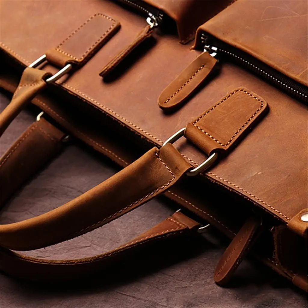 CSCDD Handbag Briefcase Men Shoulder Genuine Leather Bags Brown 14 Inch Laptop Bag