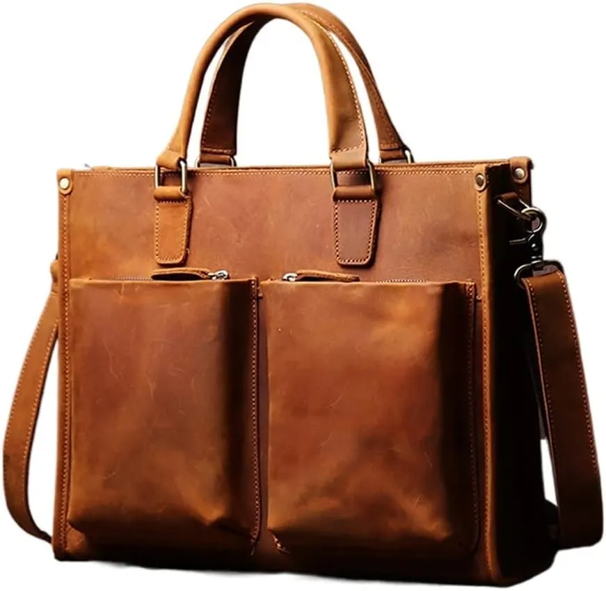 CSCDD Handbag Briefcase Men Shoulder Genuine Leather Bags Brown 14 Inch Laptop Bag