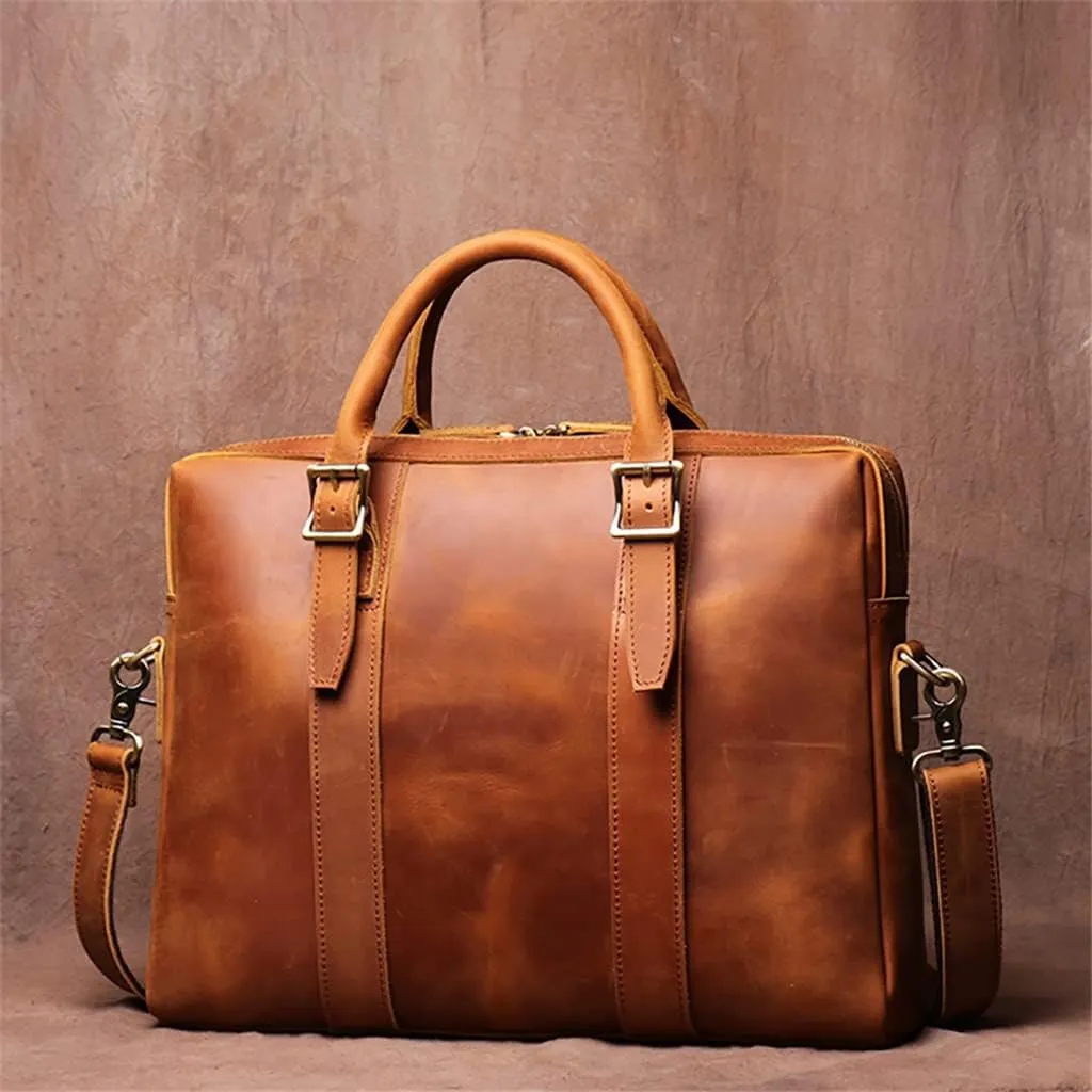 CSCDD Vintage Bags Briefcase Men Shoulder Man Handbag Genuine Leather Brown Casual 15.6 Inch Laptop Bag