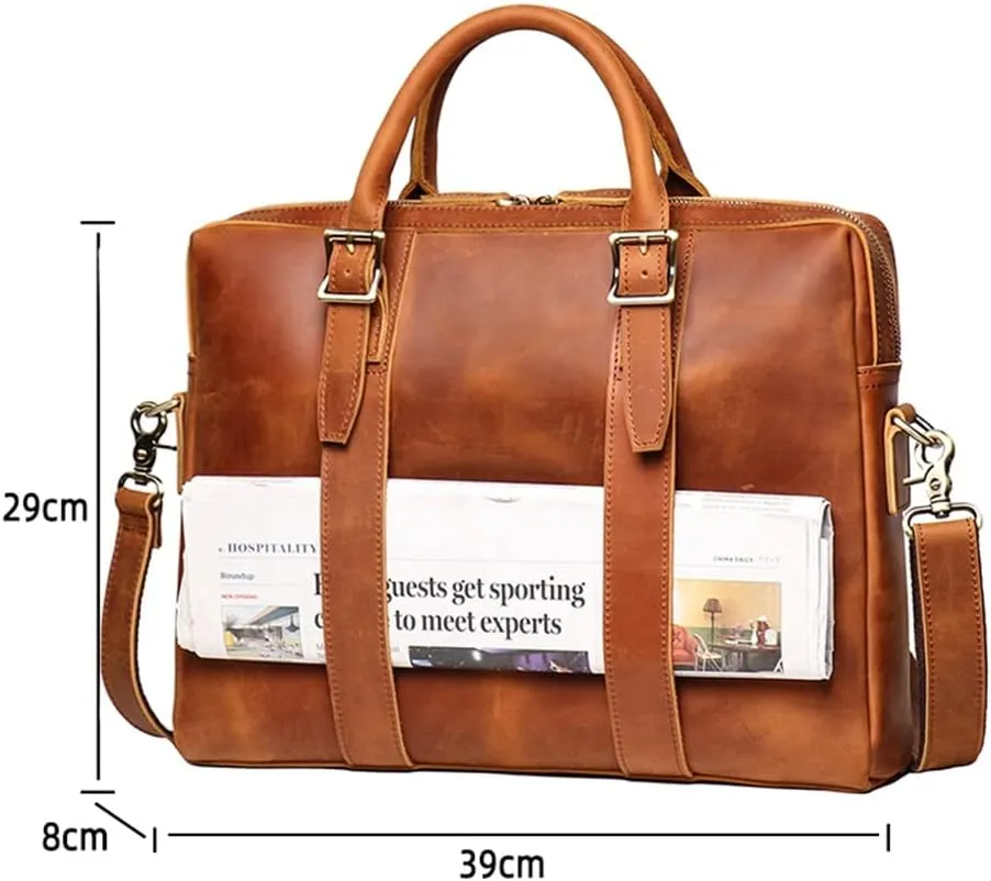 CSCDD Vintage Bags Briefcase Men Shoulder Man Handbag Genuine Leather Brown Casual 15.6 Inch Laptop Bag