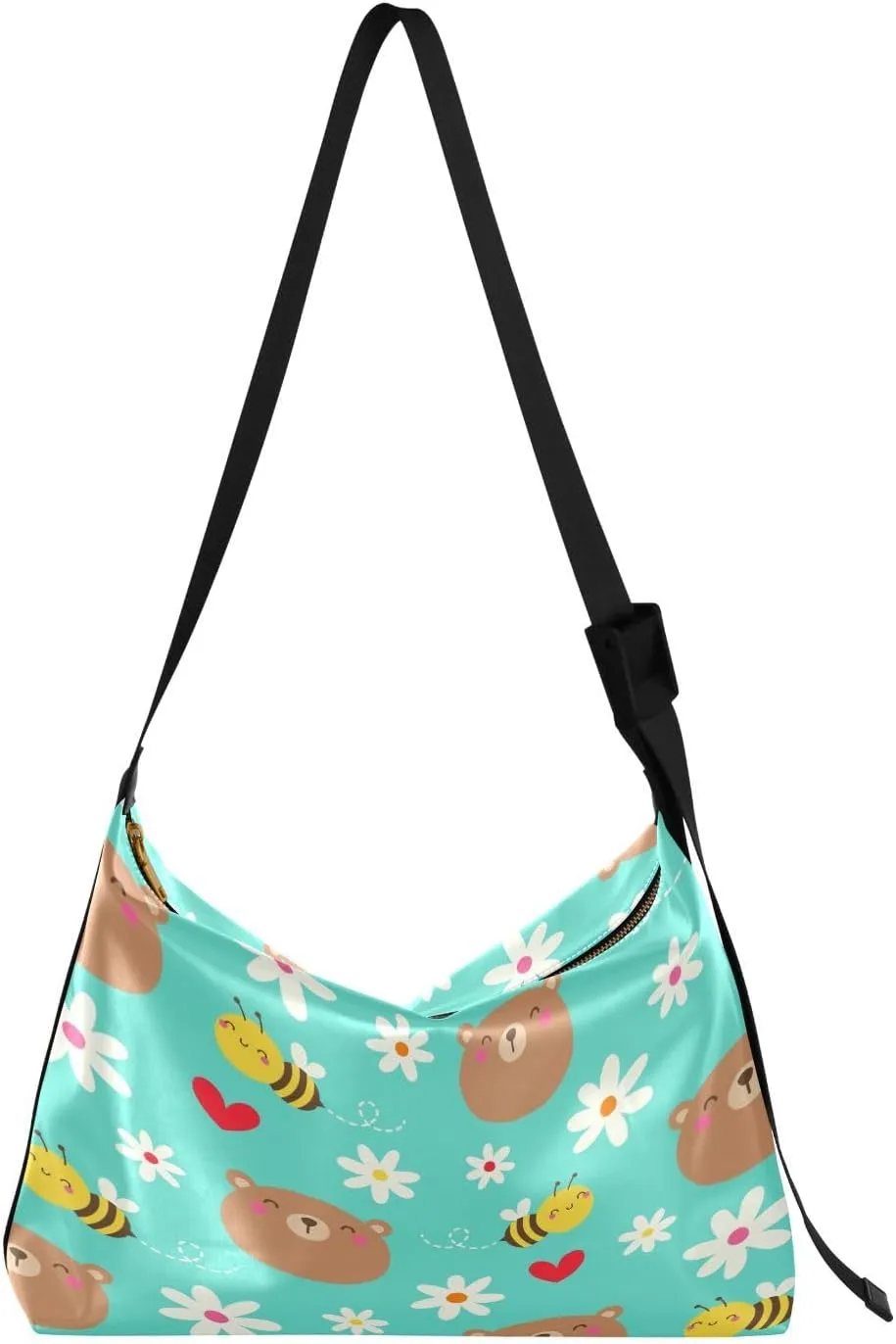 Cute Bear Bumble Bee Hobo Crossbody Bags for Women Leather Large Shoulder Bag Cross Body Flower and Heart Trendy Womens Tote Bags Handbag for Travel Shopping