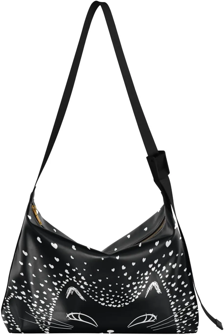 Cute Black Kitten Hobo Crossbody Bags for Women Leather Large Shoulder Bag Cross Body Trendy Womens Tote Bags Handbag for Travel Shopping