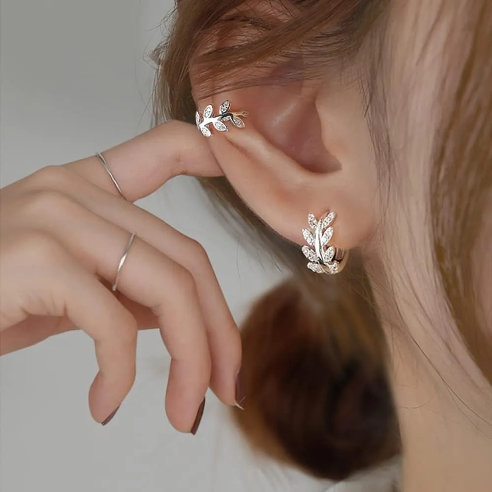 Cz Paved Leaf Vine Wave Criss Cross Ear Cuffs Earrings Cubic Zirconia Silver Gold Non Pierced Cartilage Conch Earrings