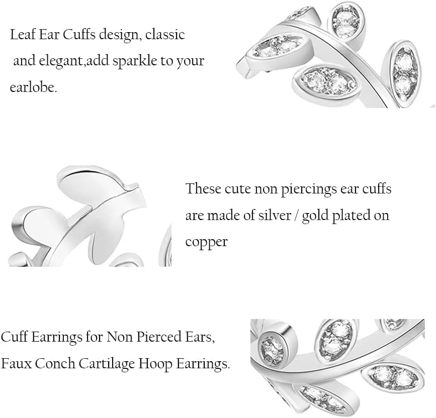 Cz Paved Leaf Vine Wave Criss Cross Ear Cuffs Earrings Cubic Zirconia Silver Gold Non Pierced Cartilage Conch Earrings