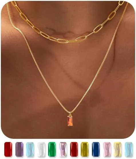 Dainty Gold Birthstone Necklaces for Women Non Tarnish, 14K Trendy Blue Green Cubic Zirconia Emerald Pendant Charm Gold Necklaces Birthday Gifts for Women Waterproof Jewelry