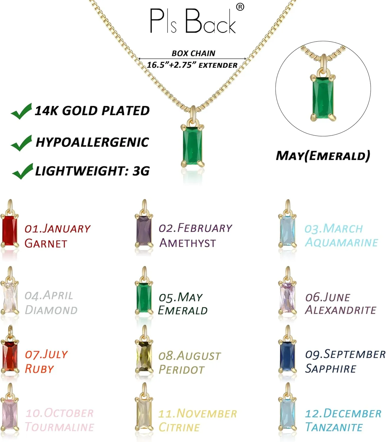 Dainty Gold Birthstone Necklaces for Women Non Tarnish, 14K Trendy Blue Green Cubic Zirconia Emerald Pendant Charm Gold Necklaces Birthday Gifts for Women Waterproof Jewelry
