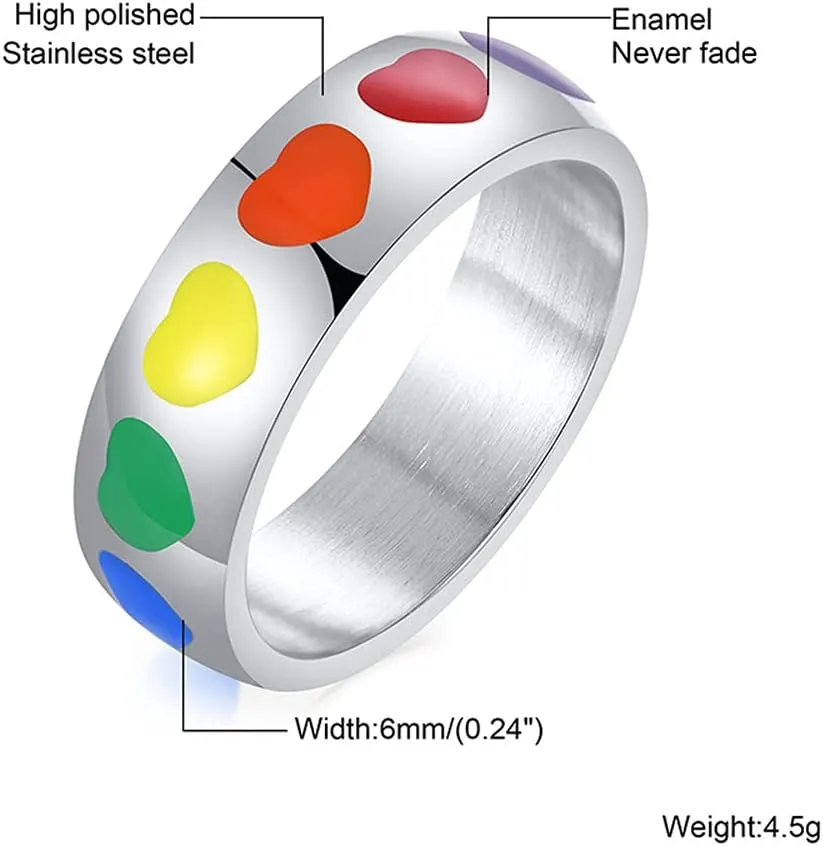 Dainty Love Heart Rainbow Enameled LGBT Pride Band Rings Chuky Thick Stainless Steel Statement Promise Engagement Eternity Couple Rings Love is Love Finger Knuckle Rings Boyfriend Girlfriend Xmas Wedding Birthday Gifts