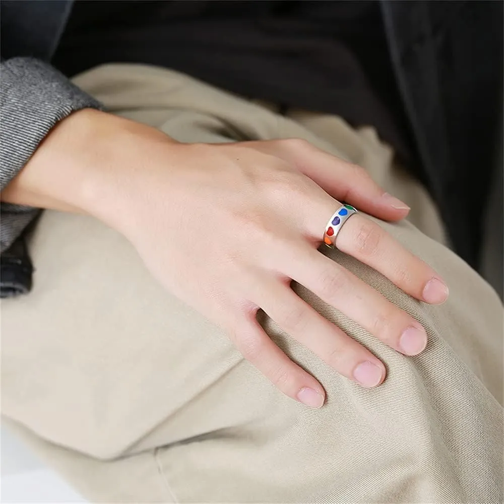 Dainty Love Heart Rainbow Enameled LGBT Pride Band Rings Chuky Thick Stainless Steel Statement Promise Engagement Eternity Couple Rings Love is Love Finger Knuckle Rings Boyfriend Girlfriend Xmas Wedding Birthday Gifts