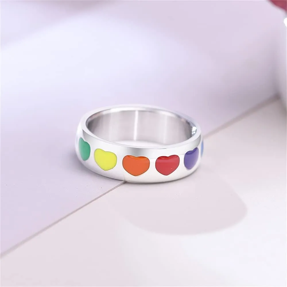 Dainty Love Heart Rainbow Enameled LGBT Pride Band Rings Chuky Thick Stainless Steel Statement Promise Engagement Eternity Couple Rings Love is Love Finger Knuckle Rings Boyfriend Girlfriend Xmas Wedding Birthday Gifts