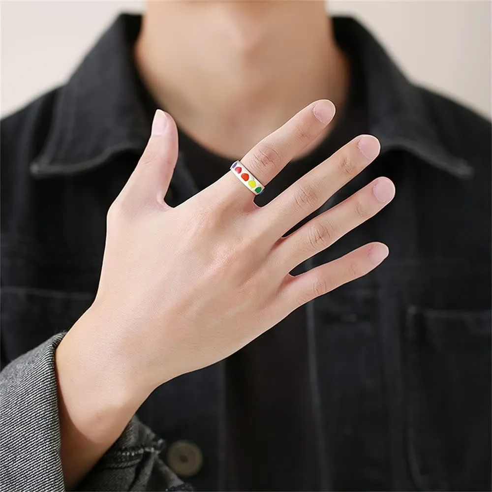 Dainty Love Heart Rainbow Enameled LGBT Pride Band Rings Chuky Thick Stainless Steel Statement Promise Engagement Eternity Couple Rings Love is Love Finger Knuckle Rings Boyfriend Girlfriend Xmas Wedding Birthday Gifts