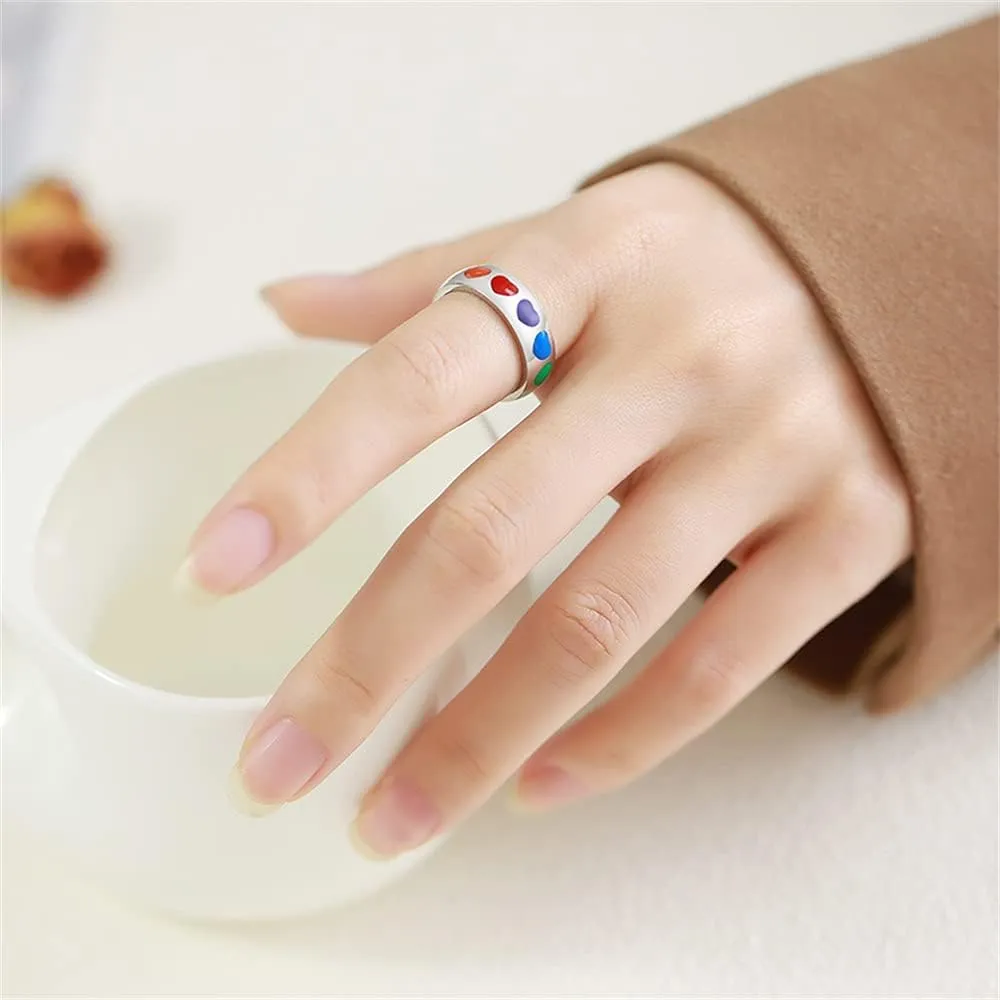 Dainty Love Heart Rainbow Enameled LGBT Pride Band Rings Chuky Thick Stainless Steel Statement Promise Engagement Eternity Couple Rings Love is Love Finger Knuckle Rings Boyfriend Girlfriend Xmas Wedding Birthday Gifts