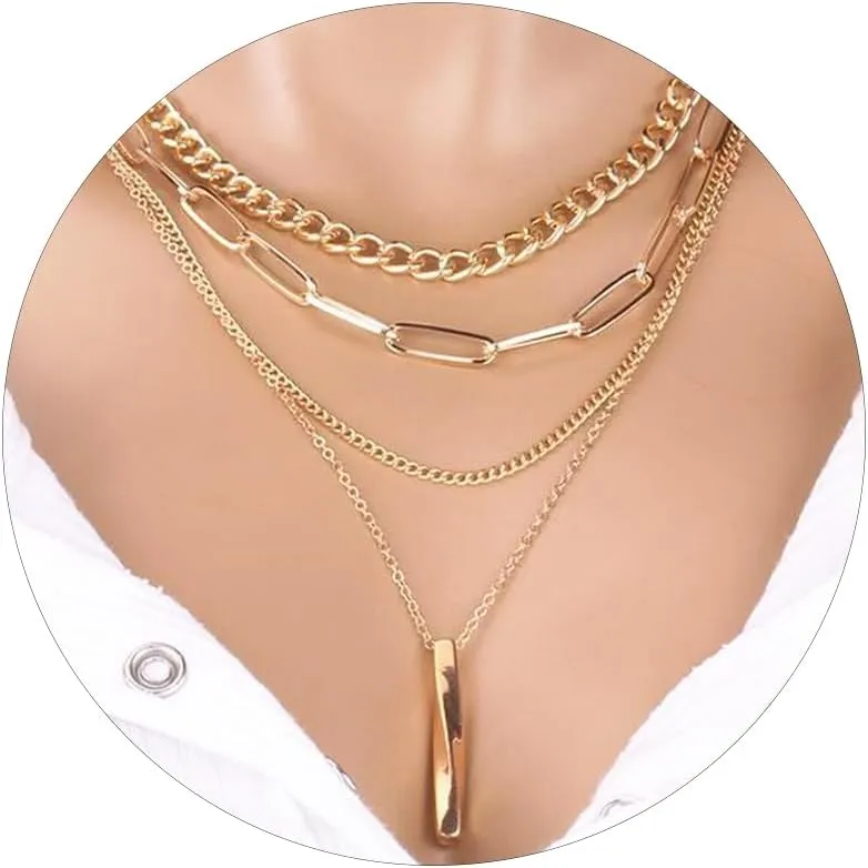 Dcfywl731 Bar Necklaces for Women Layered Choker Necklaces Chunky Gold Paperclip Chain Necklace