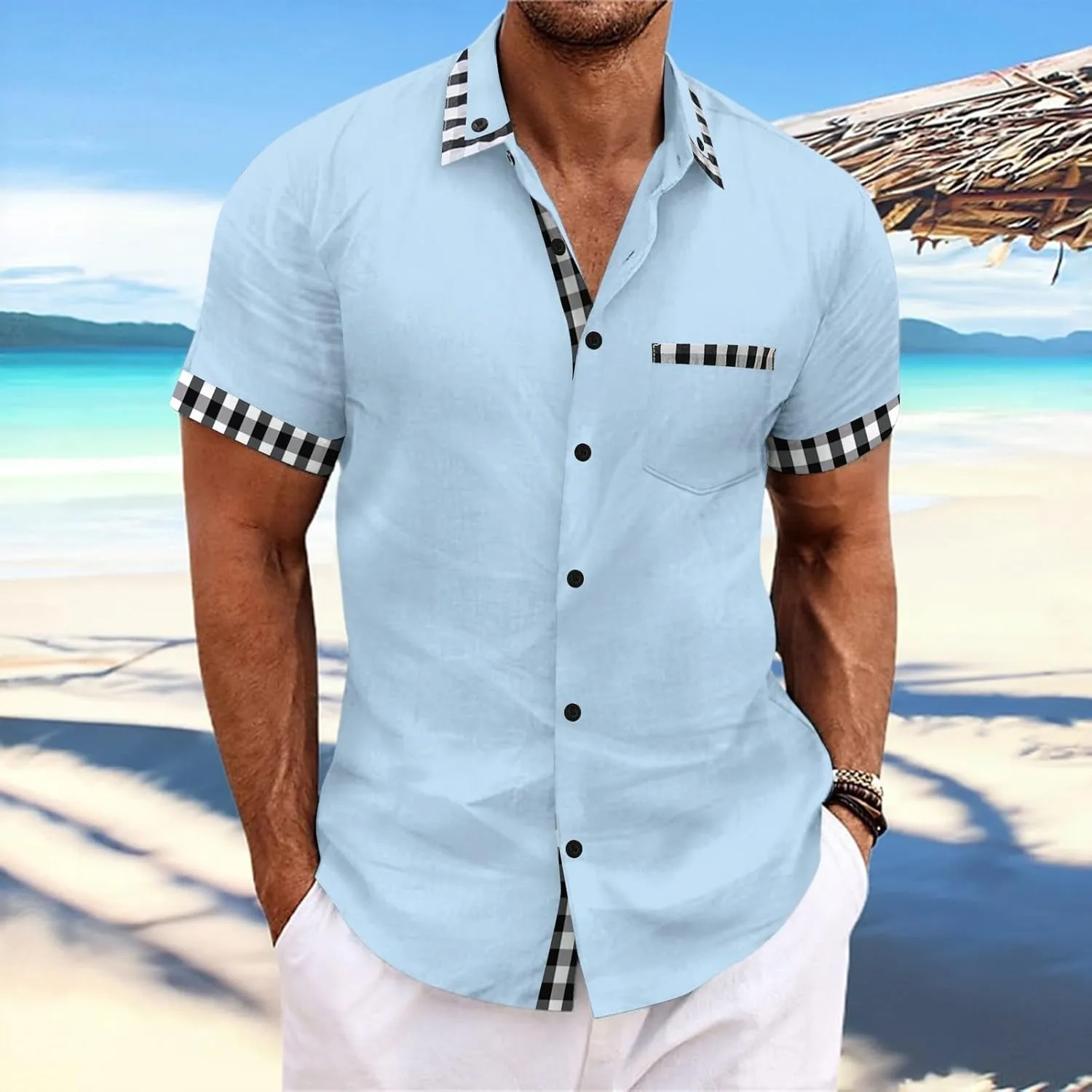 De Vestir para Short Sleeve Button Down Men Lapel Down Shirt Men's Pocket Lapel Short Shirt Tropical Casual Summer