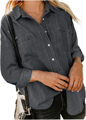 Denim Button Down Shirt Women Jean Shirts Jacket Dressy Casual Long Sleeve Blouses Tops Oversized Shacket with Pockets