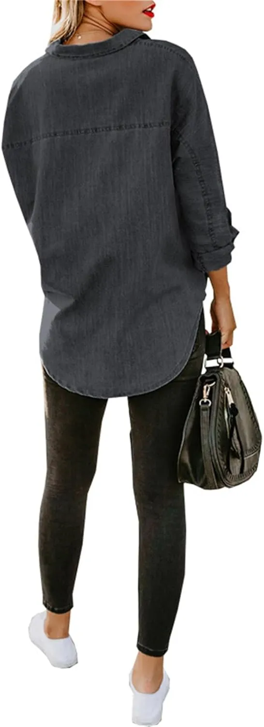 Denim Button Down Shirt Women Jean Shirts Jacket Dressy Casual Long Sleeve Blouses Tops Oversized Shacket with Pockets