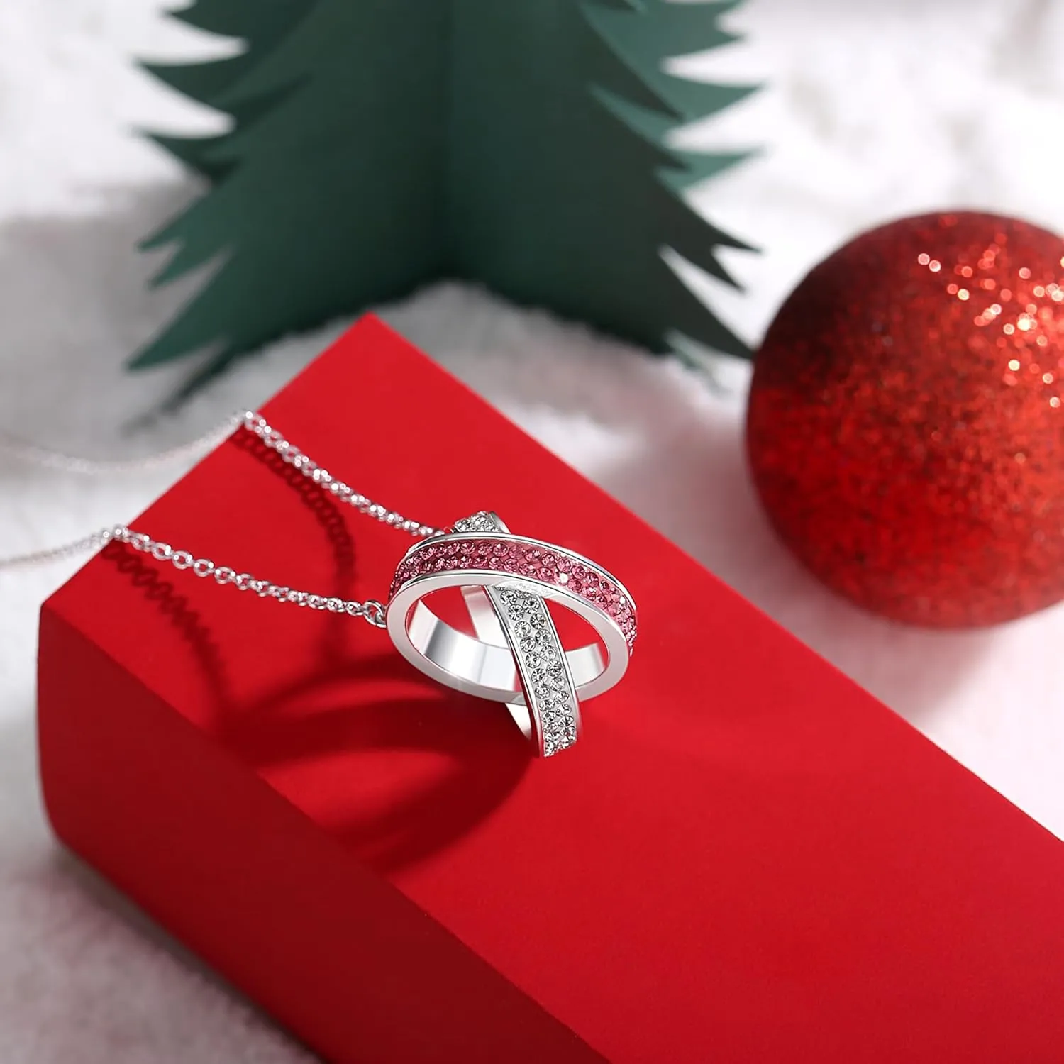 Double Ring Necklace, Silver Plated Crystal Necklace for Women Sparkly Christmas Necklace Fashion Jewelry Gift