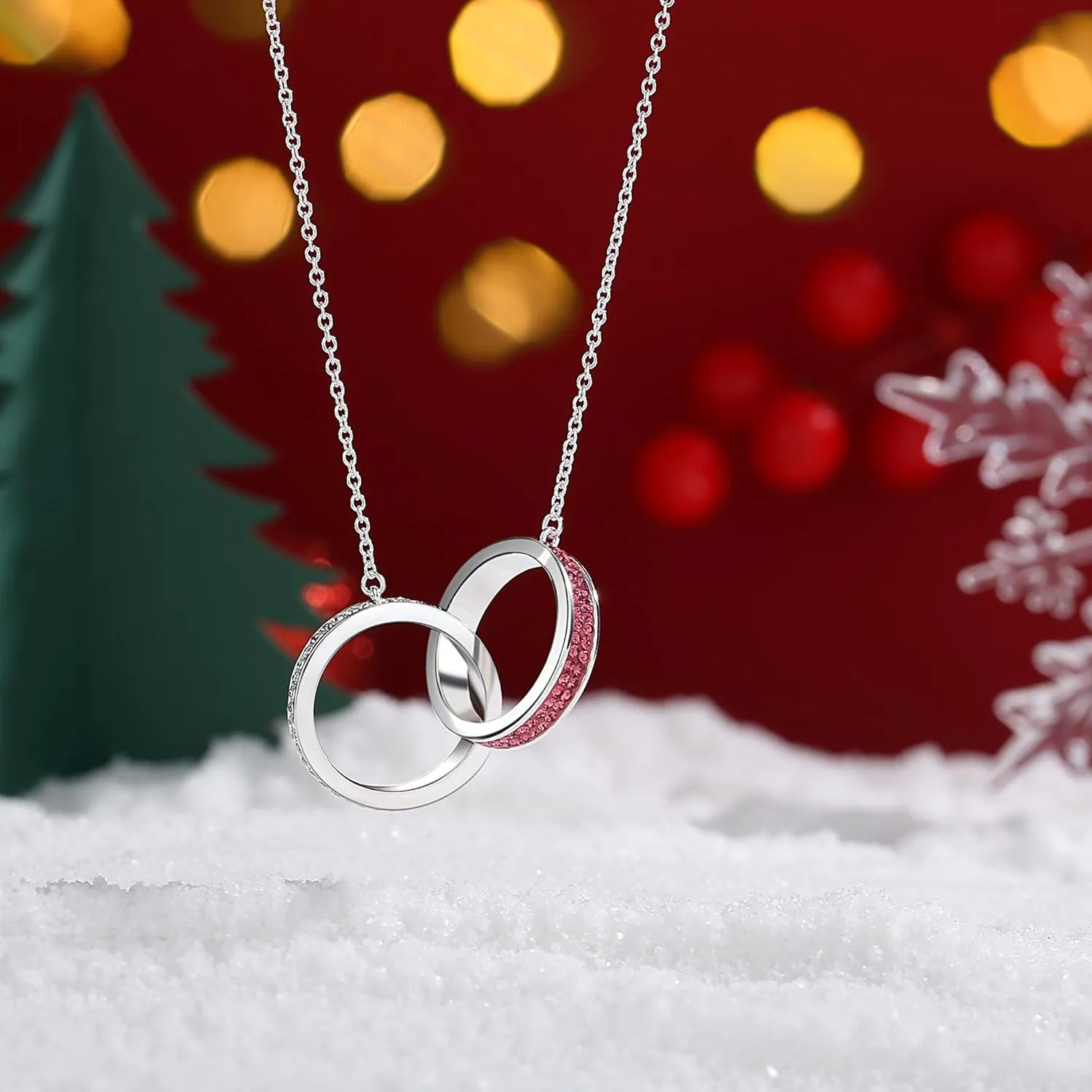Double Ring Necklace, Silver Plated Crystal Necklace for Women Sparkly Christmas Necklace Fashion Jewelry Gift