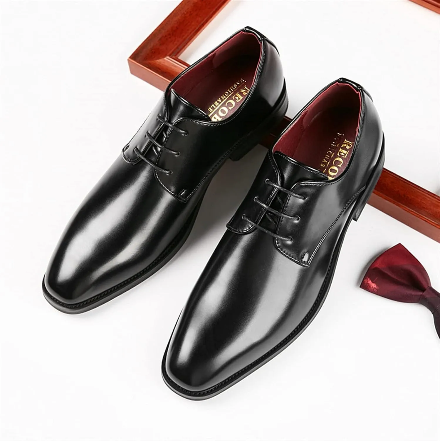 Dress Oxford for Men Lace Up Derby Shoes Black Burnished Toe Vegan Leather Rubber Sole Block Heel Slip Resistant Classic