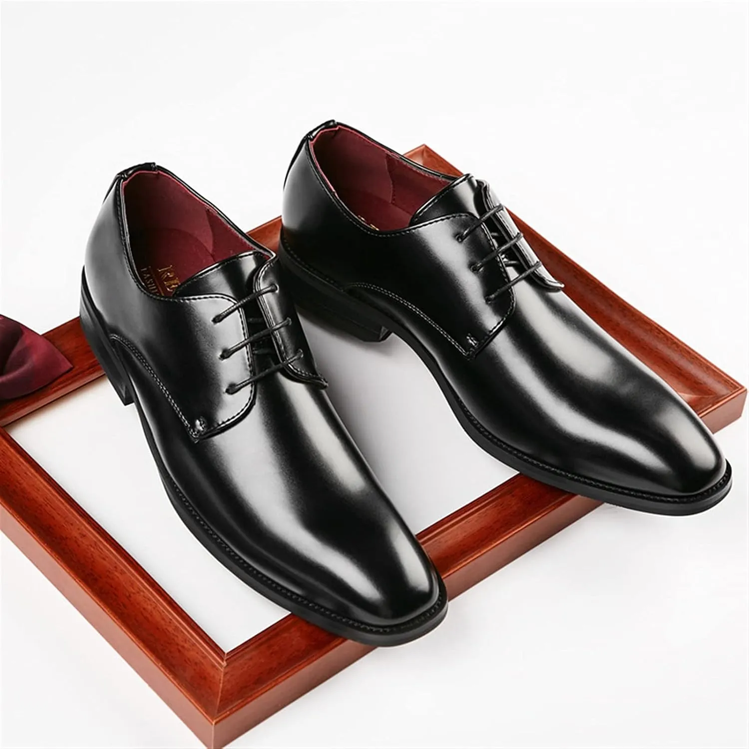 Dress Oxford for Men Lace Up Derby Shoes Black Burnished Toe Vegan Leather Rubber Sole Block Heel Slip Resistant Classic
