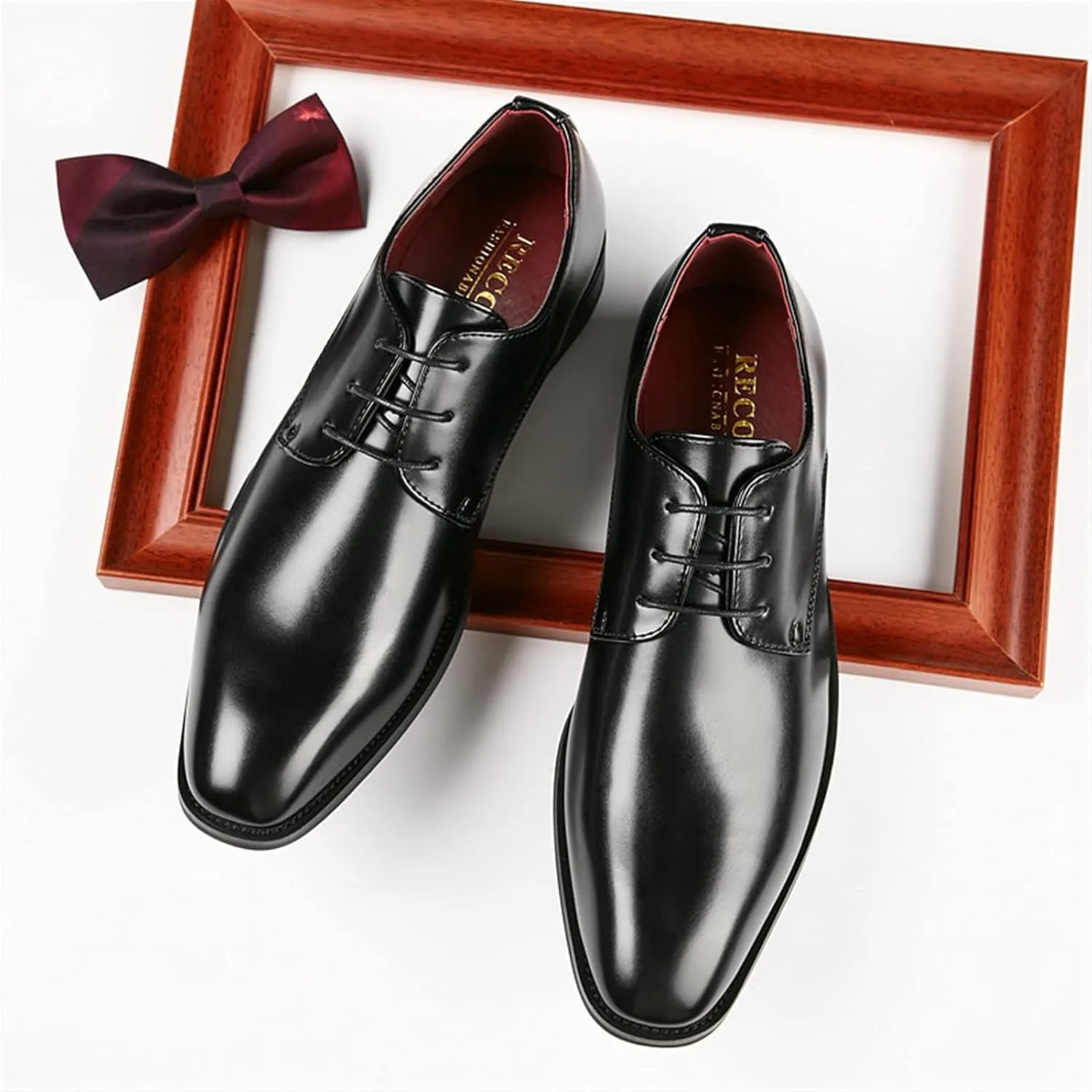 Dress Oxford for Men Lace Up Derby Shoes Black Burnished Toe Vegan Leather Rubber Sole Block Heel Slip Resistant Classic