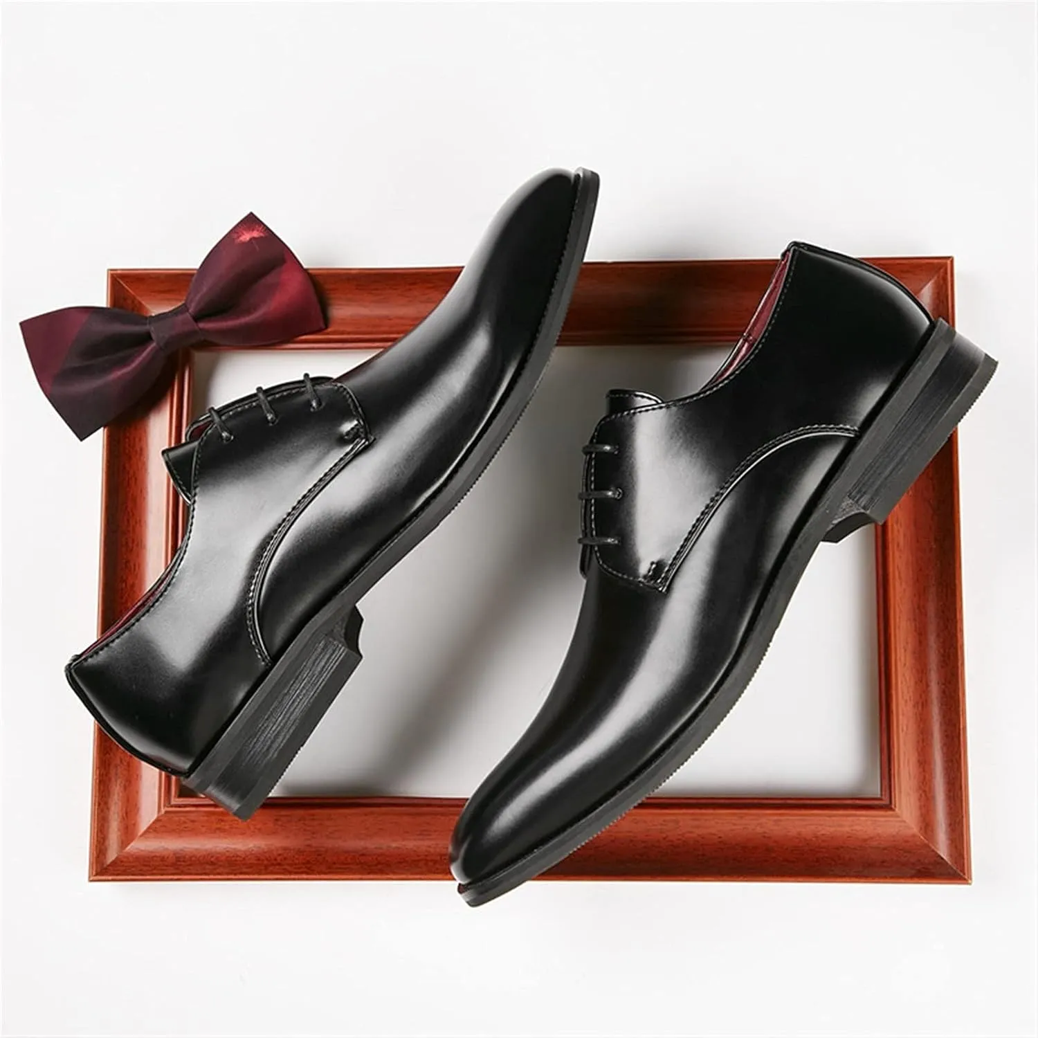 Dress Oxford for Men Lace Up Derby Shoes Black Burnished Toe Vegan Leather Rubber Sole Block Heel Slip Resistant Classic