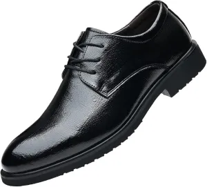Dress Oxford for Men Lace Up Round Burnished Toe Derby Shoes Vegan Leather Rubber Sole Slip Resistant Low Top Block Heel Non Slip Business