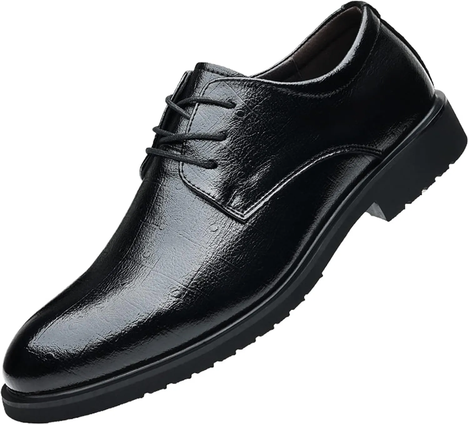 Dress Oxford for Men Lace Up Round Burnished Toe Derby Shoes Vegan Leather Rubber Sole Slip Resistant Low Top Block Heel Non Slip Business
