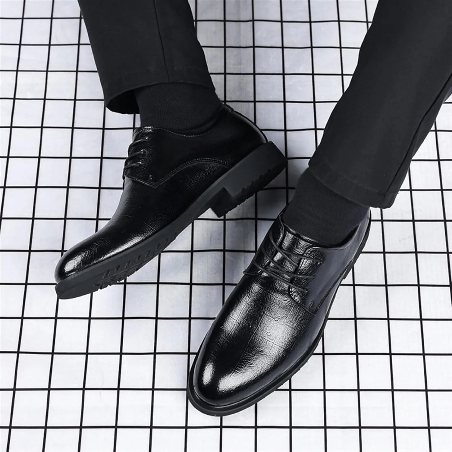 Dress Oxford for Men Lace Up Round Burnished Toe Derby Shoes Vegan Leather Rubber Sole Slip Resistant Low Top Block Heel Non Slip Business