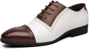 Dress Oxford Shoes for Men Lace Up Two Tone White and Brown Brogue Cap Toe Vegan Leather Low Top Slip Resistant Block Heel Prom(White Brown,10 M US)