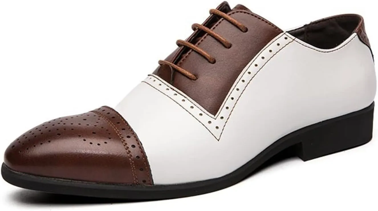 Dress Oxford Shoes for Men Lace Up Two Tone White and Brown Brogue Cap Toe Vegan Leather Low Top Slip Resistant Block Heel Prom(White Brown,10 M US)