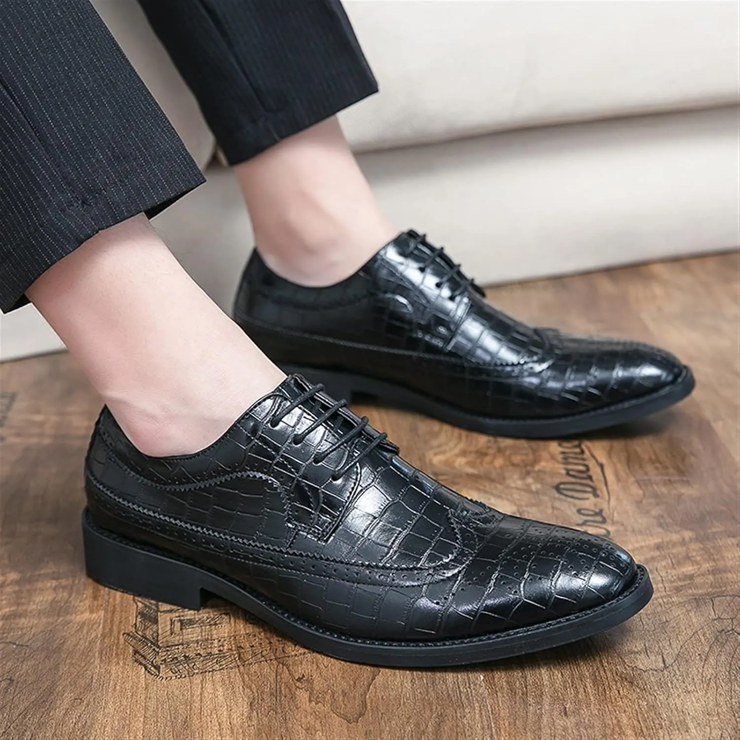 Dress Shoes for Men Lace Up Brogue Embossed Wing tip Burnished Toe Vegan Leather Non Slip Resistant Anti-Slip Low Top Block Heel Party