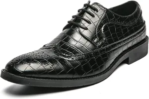 Dress Shoes for Men Lace Up Brogue Embossed Wing tip Burnished Toe Vegan Leather Non Slip Resistant Anti-Slip Low Top Block Heel Party