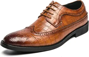 Dress Shoes for Men Lace Up Brogue Embossed Wing tip Burnished Toe Vegan Leather Non Slip Resistant Anti-Slip Low Top Block Heel Party