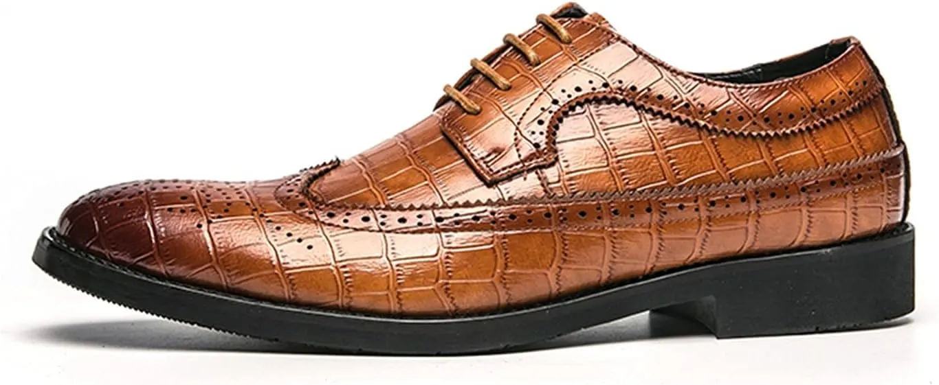 Dress Shoes for Men Lace Up Brogue Embossed Wing tip Burnished Toe Vegan Leather Non Slip Resistant Anti-Slip Low Top Block Heel Party