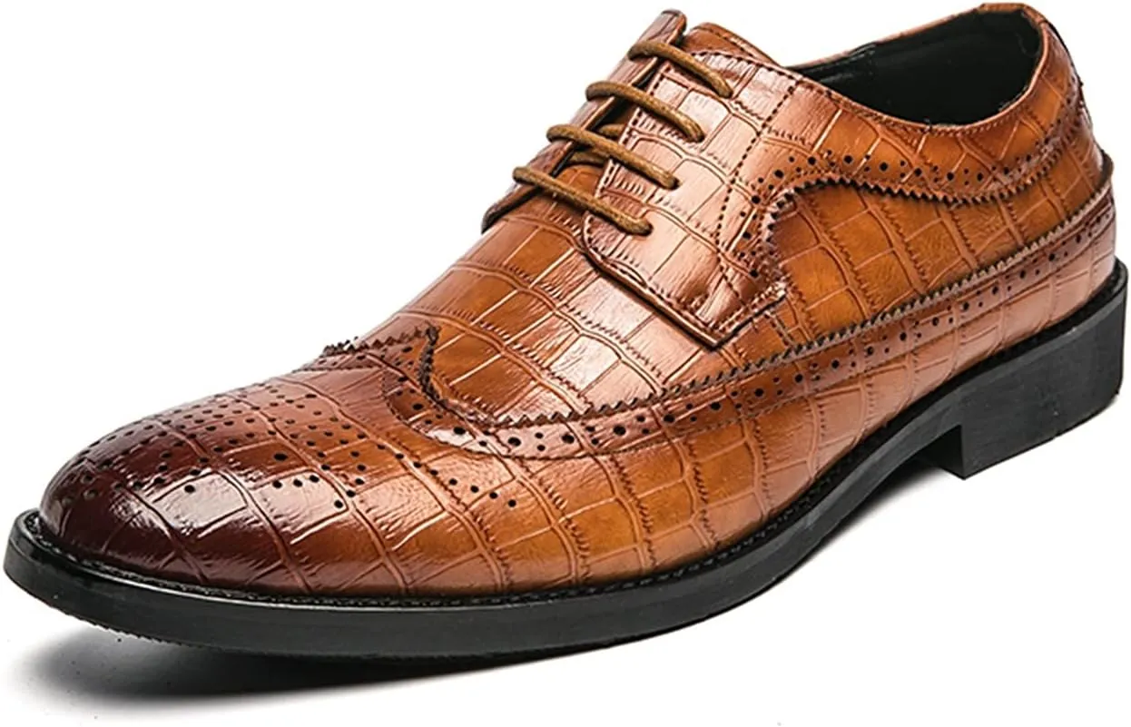 Dress Shoes for Men Lace Up Brogue Embossed Wing tip Burnished Toe Vegan Leather Non Slip Resistant Anti-Slip Low Top Block Heel Party