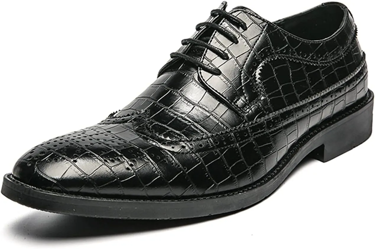 Dress Shoes for Men Lace Up Brogue Embossed Wing tip Burnished Toe Vegan Leather Non Slip Resistant Anti-Slip Low Top Block Heel Party