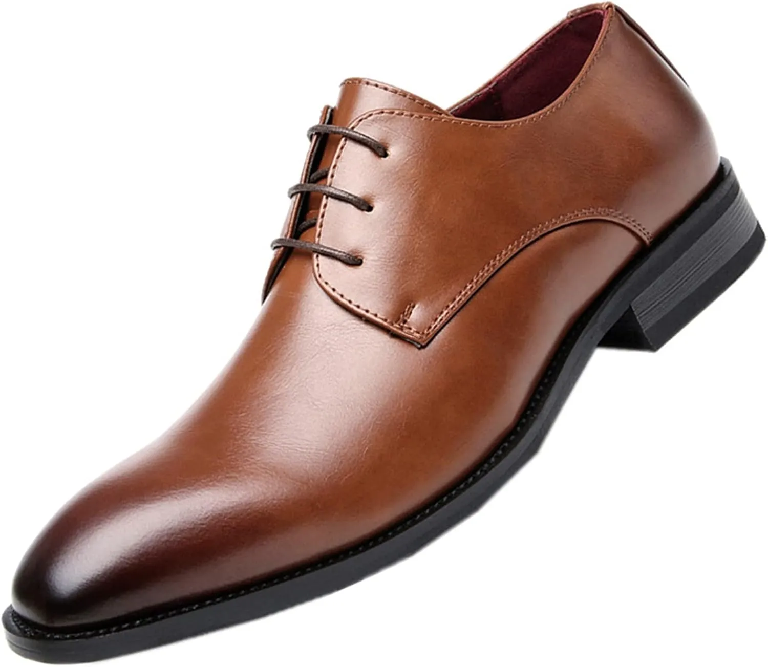 Dress Shoes for Men Lace Up Derby Shoes Black Burnished Toe Vegan Leather Anti-Slip Non Slip Block Heel Low Top Slip Resistant Prom (Color : Brown, Size : 7.5)