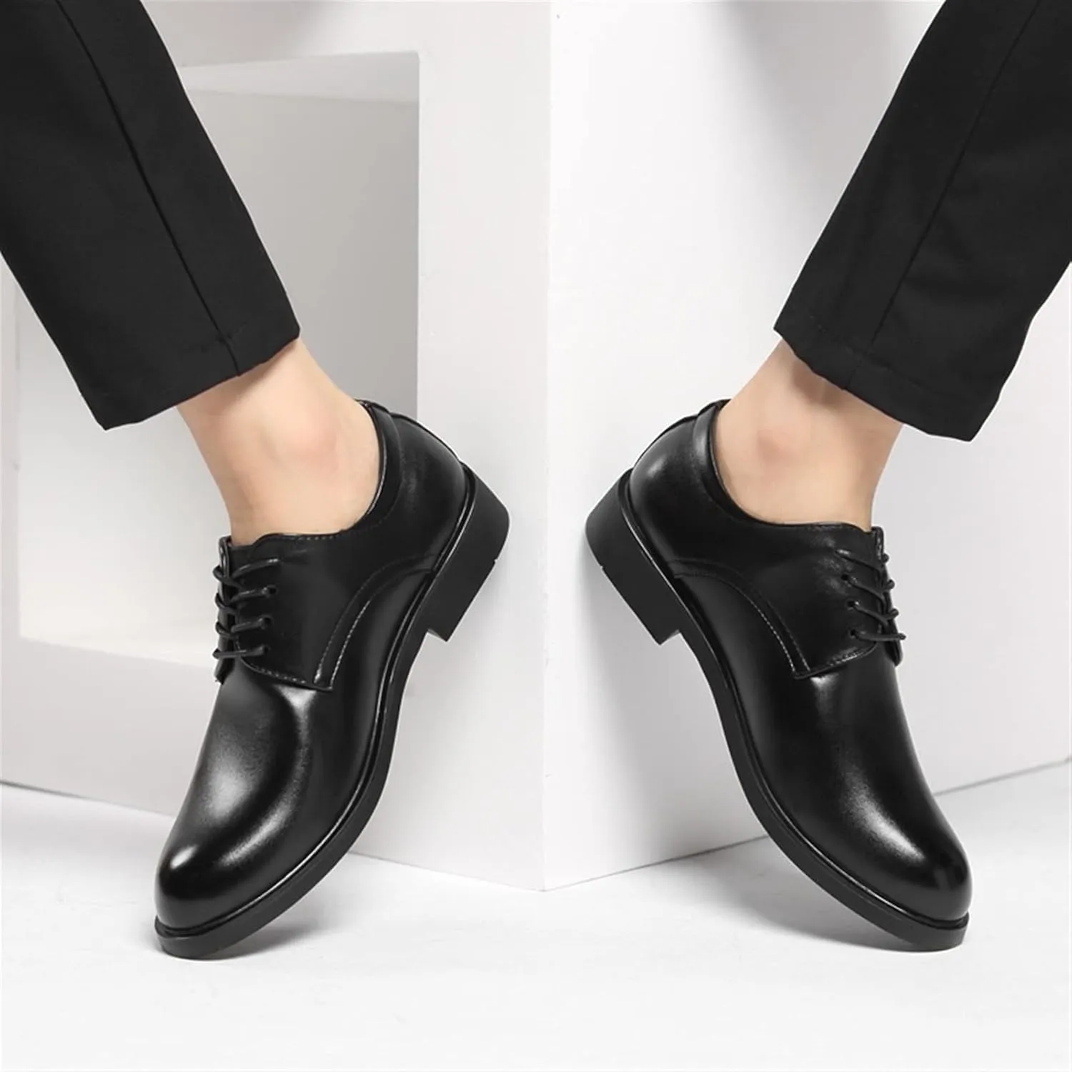 Dress Shoes for Men Lace Up Derby Shoes Round Toe Vegan Leather Non Slip Resistant Anti-Slip Block Heel Classic (Color : Black, Size : 7.5)
