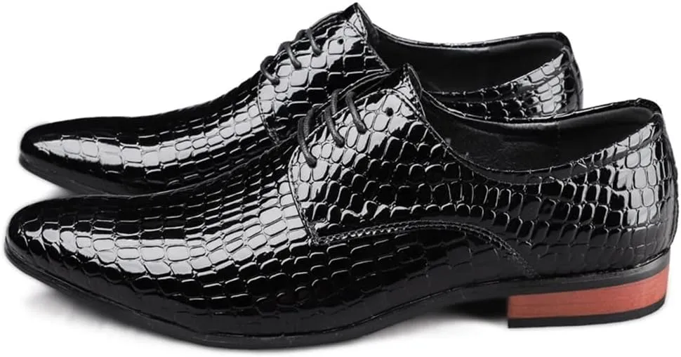 Dress Shoes for Men Lace Up Round Toe Crocodile Embossed Derby Shoes Vegan Leather Low Top Slip Resistant Rubber Sole Non Slip Business (Color : Black, Size : 6.5)