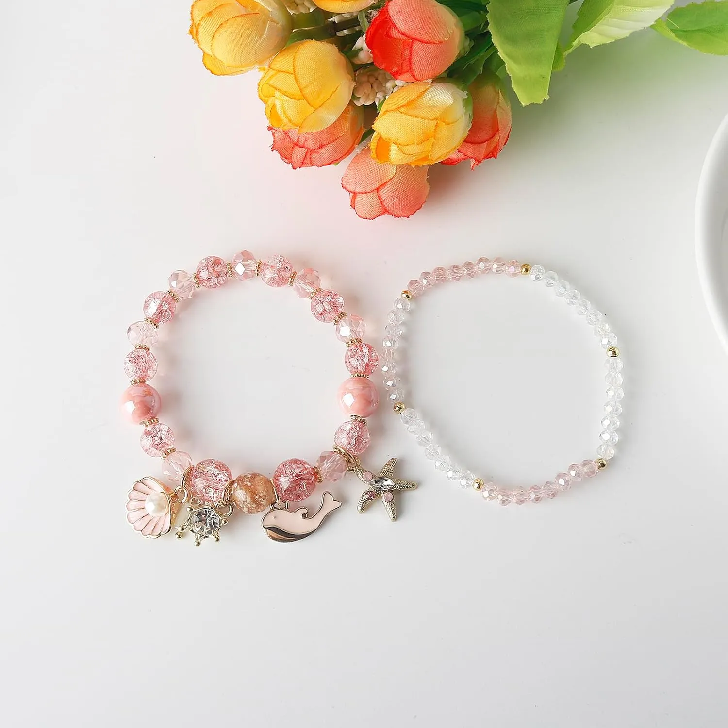 DS 4PCS Beaded Charm Bracelets for Teen Girls Dainty cute cartoon Crystal Beads Pearl Bracelets anklets set for woman and girls Adjustable Stretch bracelet birthday Gift For Friends