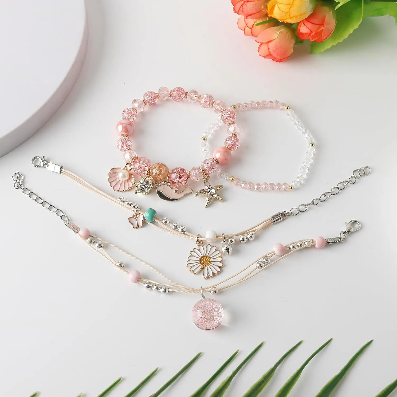 DS 4PCS Beaded Charm Bracelets for Teen Girls Dainty cute cartoon Crystal Beads Pearl Bracelets anklets set for woman and girls Adjustable Stretch bracelet birthday Gift For Friends