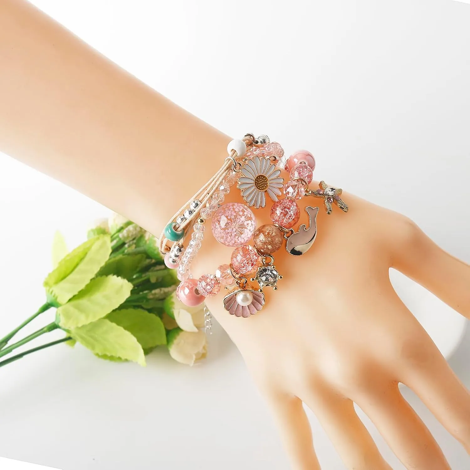 DS 4PCS Beaded Charm Bracelets for Teen Girls Dainty cute cartoon Crystal Beads Pearl Bracelets anklets set for woman and girls Adjustable Stretch bracelet birthday Gift For Friends